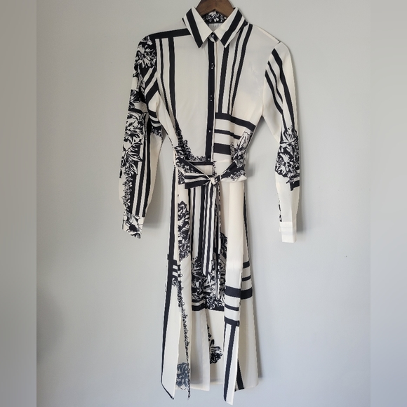 SOLD!!! Shein Black and Cream Stripe and Flower Patterned Midi Dress - Picture 2 of 9